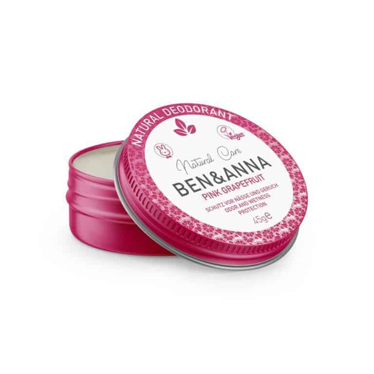 Ben & Anna natural deodorant creme in pink grapefruit scent, 45g tin, with a smooth application surface.