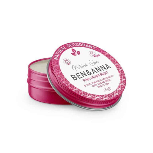 Ben & Anna natural deodorant creme in pink grapefruit scent, 45g tin, with a smooth application surface.