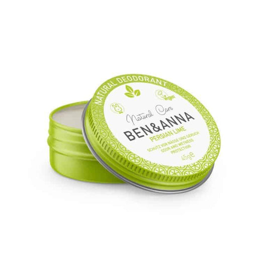 Ben & Anna natural deodorant creme in Persian Lime scent, 45g, featuring a smooth application and fresh citrus fragrance.