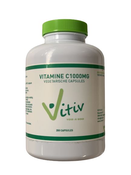 Vitiv Vitamin C1000 supplement bottle with 200 capsules, showing the product label and capsules inside the bottle.