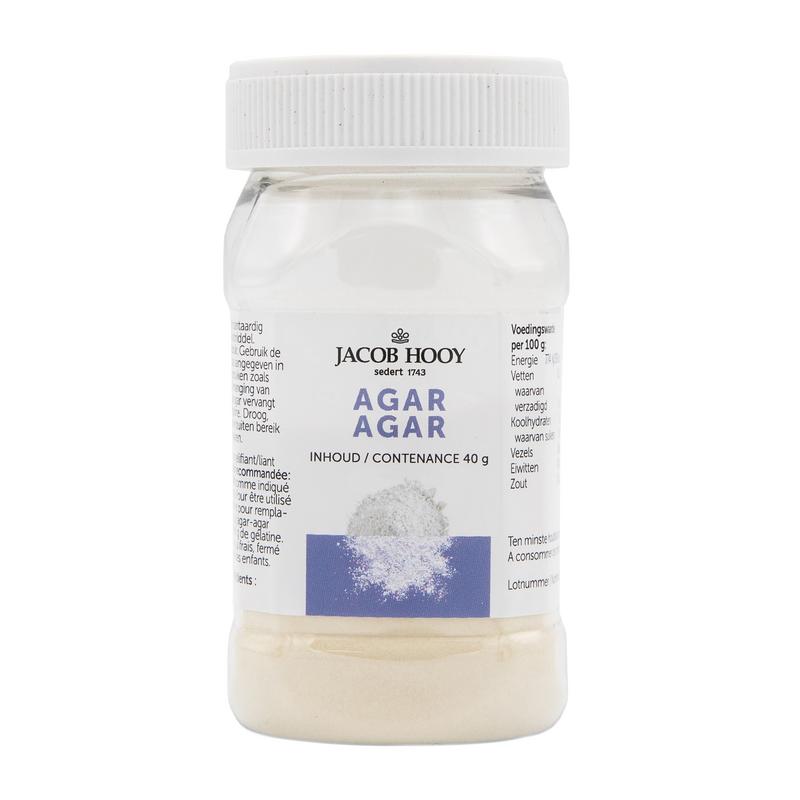 Jacob Hooy Agar agar powder in 40g pack, natural thickening agent for baking and cooking, from Jacob Hooy brand.