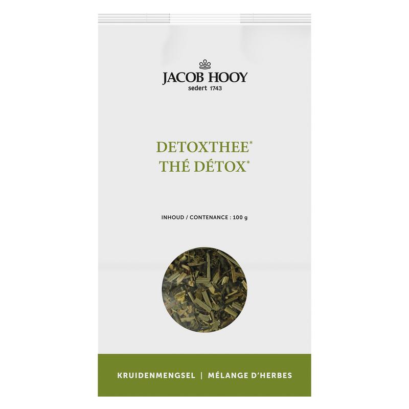 Jacob Hooy Detox kruiden mix in 100g package, featuring a blend of natural herbs for detoxification on a white background.
