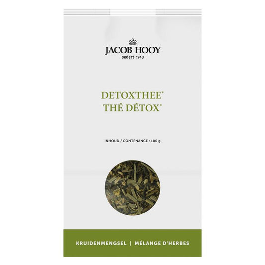 Jacob Hooy Detox kruiden mix in 100g package, featuring a blend of natural herbs for detoxification on a white background.