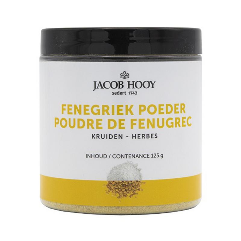 Ground fenugreek seeds in a jar from Jacob Hooy, 125 grams, used in herbs, spices, and cooking ingredients.