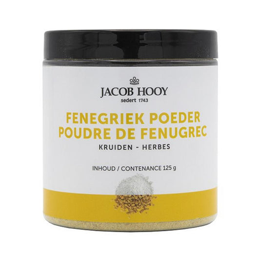 Ground fenugreek seeds in a jar from Jacob Hooy, 125 grams, used in herbs, spices, and cooking ingredients.