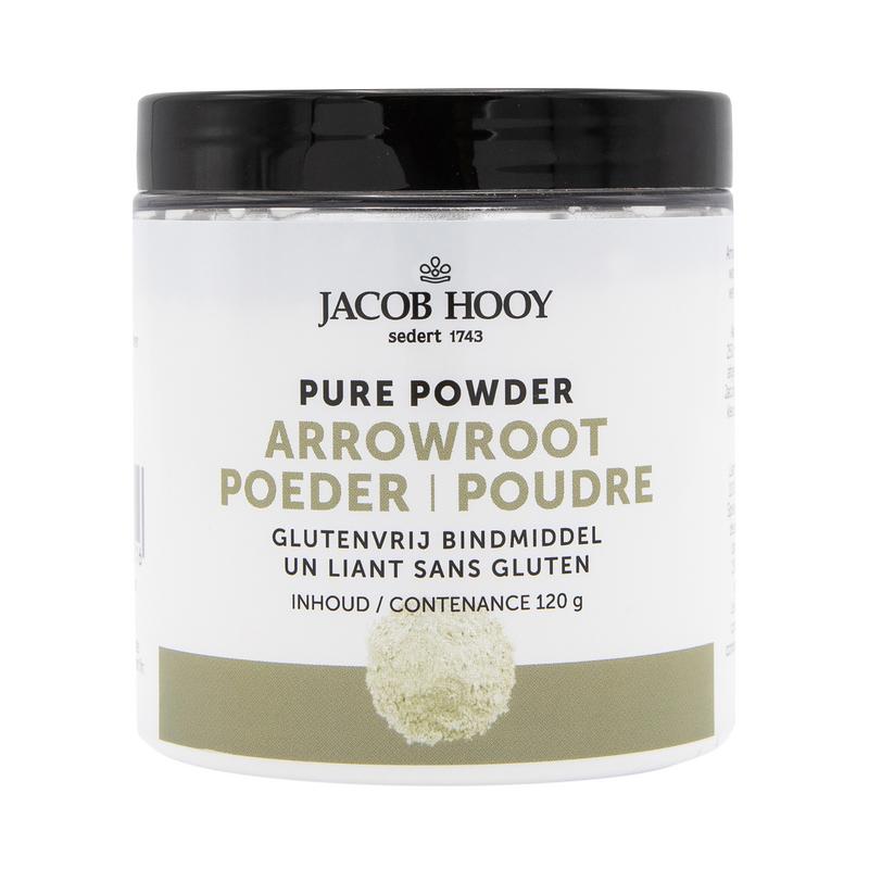 Jacob Hooy Arrowroot powder in 120g package, a natural thickening agent from Jacob Hooy's baking and flour products.