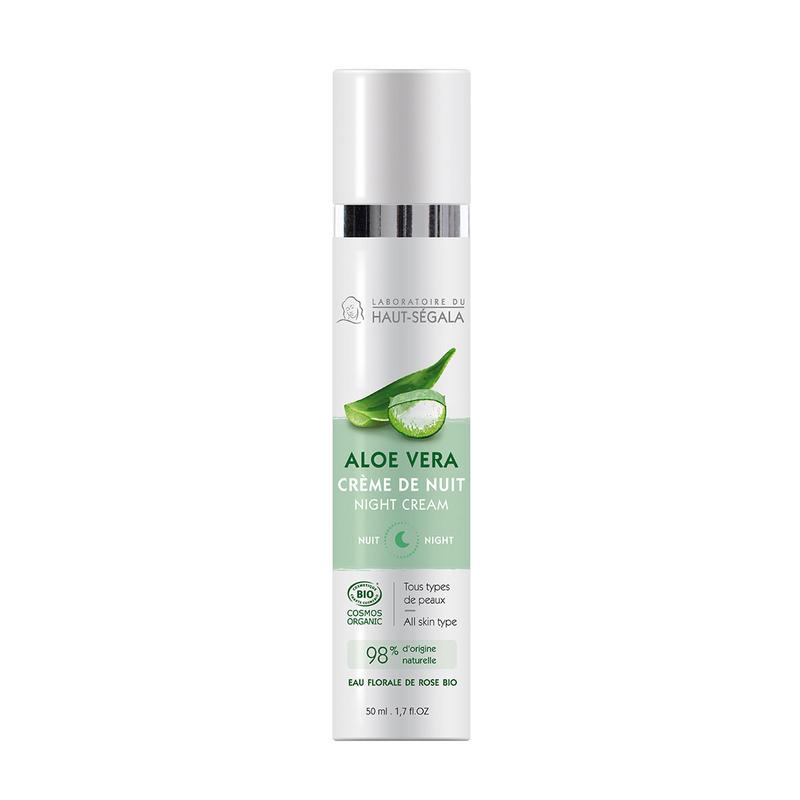 Haut Segala Aloe Vera Night Cream in 50ml jar, featuring fresh aloe vera plant and cream texture for facial skincare.