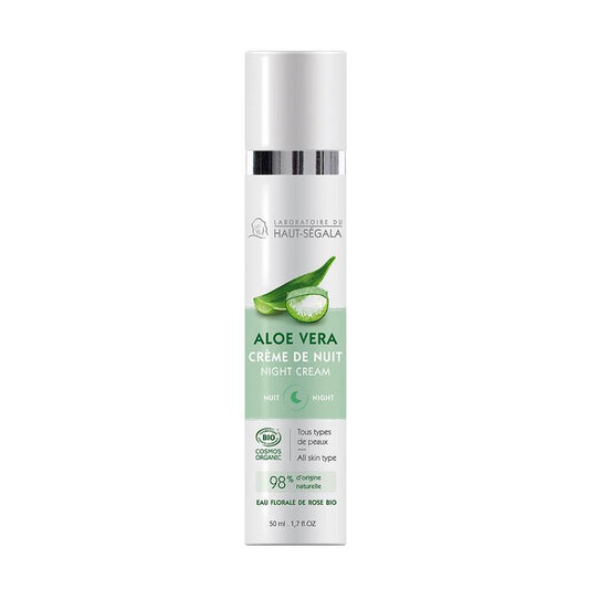 Haut Segala Aloe Vera Night Cream in 50ml jar, featuring fresh aloe vera plant and cream texture for facial skincare.