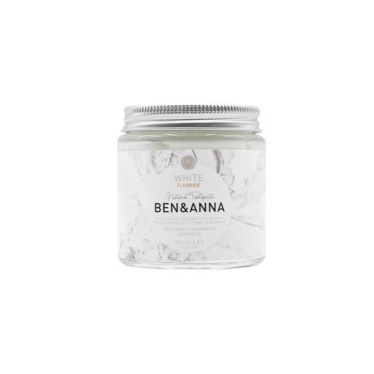 Ben & Anna white fluoride toothpaste in a 100g tube, natural oral care product with clean, white packaging visible in the image.