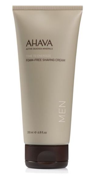 Ahava Foam-Free Shaving Cream 200ml, smooth and gentle shaving cream for sensitive skin, in a white tube with blue accents.