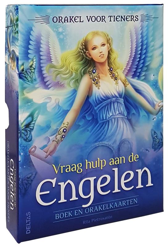 Deltas Vraag hulp aan engelen boek en kaarten set showing the book cover and angel-themed cards on a white background.