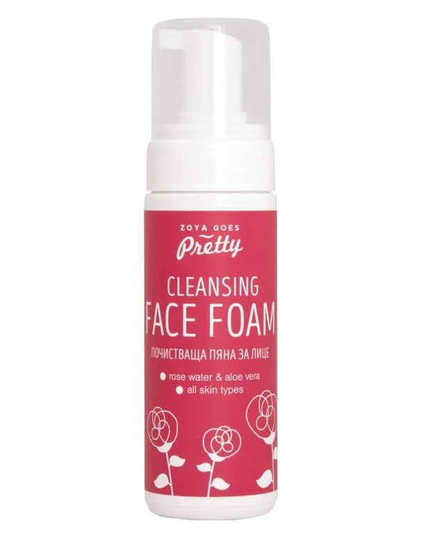 Zoya Goes Pretty cleansing face foam with rose and aloe vera in a 150ml bottle for gentle facial skincare.