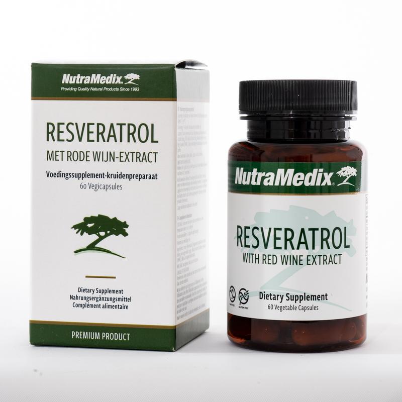 Nutramedix Resveratrol vegetarian capsules, herbal supplement in a clear bottle with 60 capsules, on a white background.