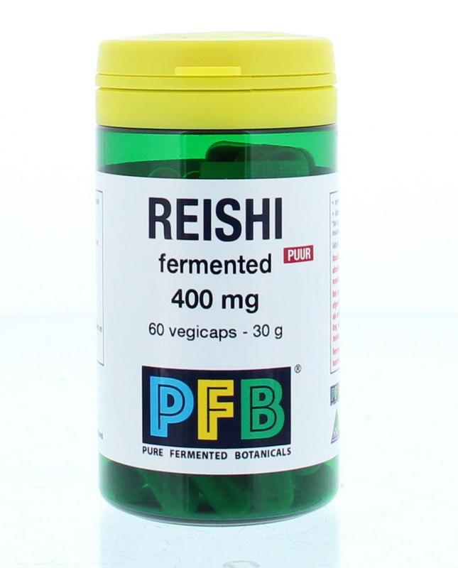 SNP Reishi fermented 400mg herbal capsules in vegetarian form, 60 capsules, in a clear bottle with label.