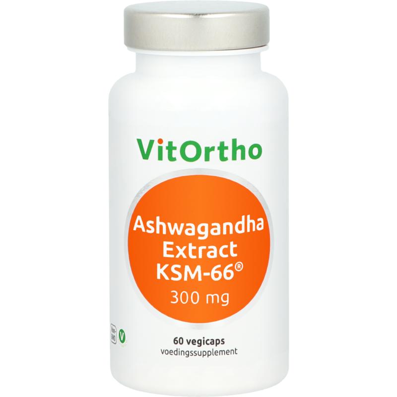 VitOrtho Ashwagandha extract 300mg KSM-66 vegetarian capsules, herbal supplement for stress and vitality, shown in bottle