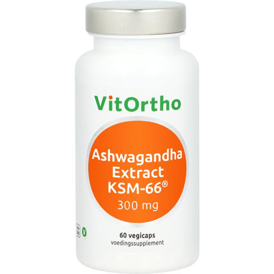 VitOrtho Ashwagandha extract 300mg KSM-66 vegetarian capsules, herbal supplement for stress and vitality, shown in bottle