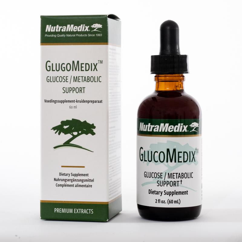 Nutramedix GlucoMedix herbal supplement bottle, 60ml, featuring natural herbal ingredients for health support.