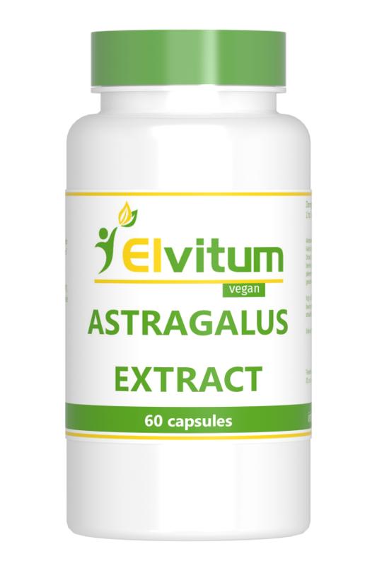 Elvitum Astragalus extract capsules, 500mg, herbal supplement in a bottle, featuring 60 capsules for immune support.