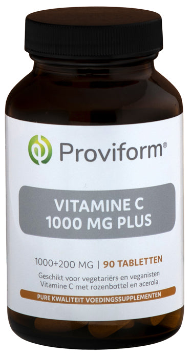 Proviform Vitamine C 1000mg supplement bottles with 90 tablets, showing the label and tablet images on the packaging.