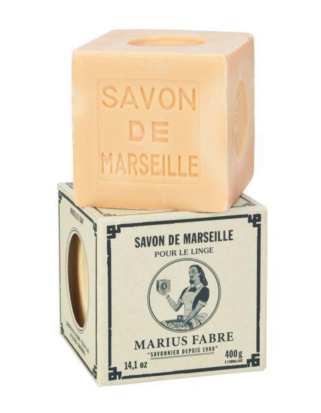 Marius Fabre Savon Marseille zeep in white box, 400 grams, natural French soap for skincare and cleansing.