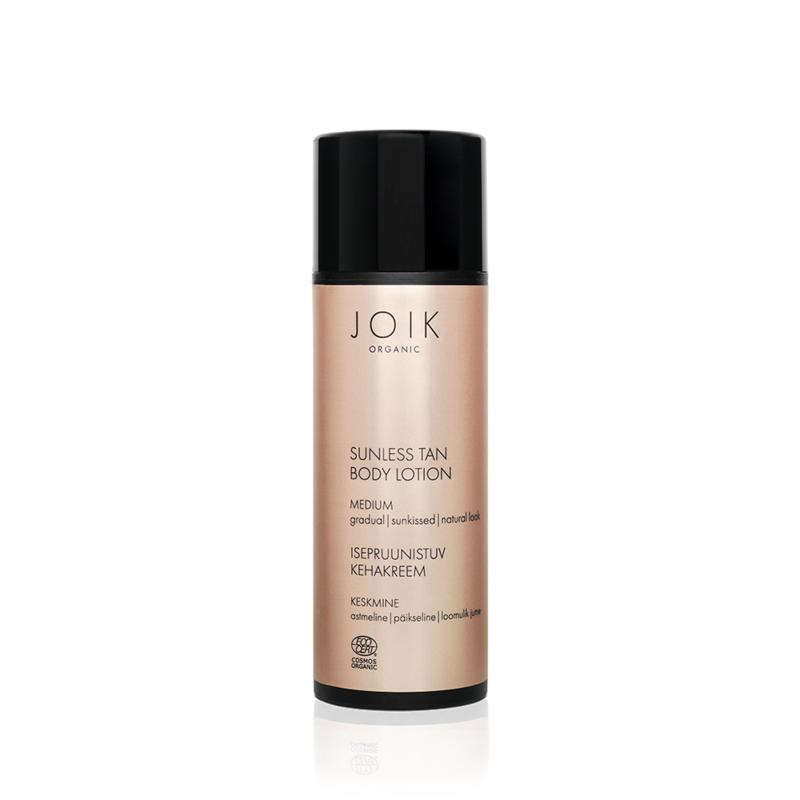Joik Organics sunless tan body lotion medium in 150ml bottle, showing the product with a smooth, tan finish on the skin.