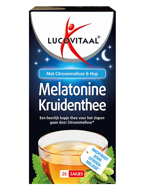 Lucovitaal Melatonine thee in a box of 20 tea bags, natural herbal sleep aid from the Koffie en Thee collection.