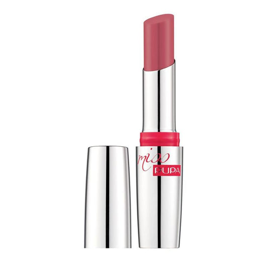 Pupa Miss Pupa lipstick 201 in a sleek makeup tube, showcasing the vibrant lipstick color and elegant packaging.