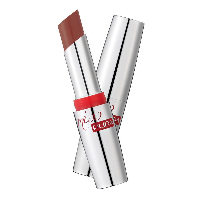 Pupa Miss Pupa lipstick in shade 608, 2ml, with a sleek black tube and the lipstick partially twisted up showing vibrant color.