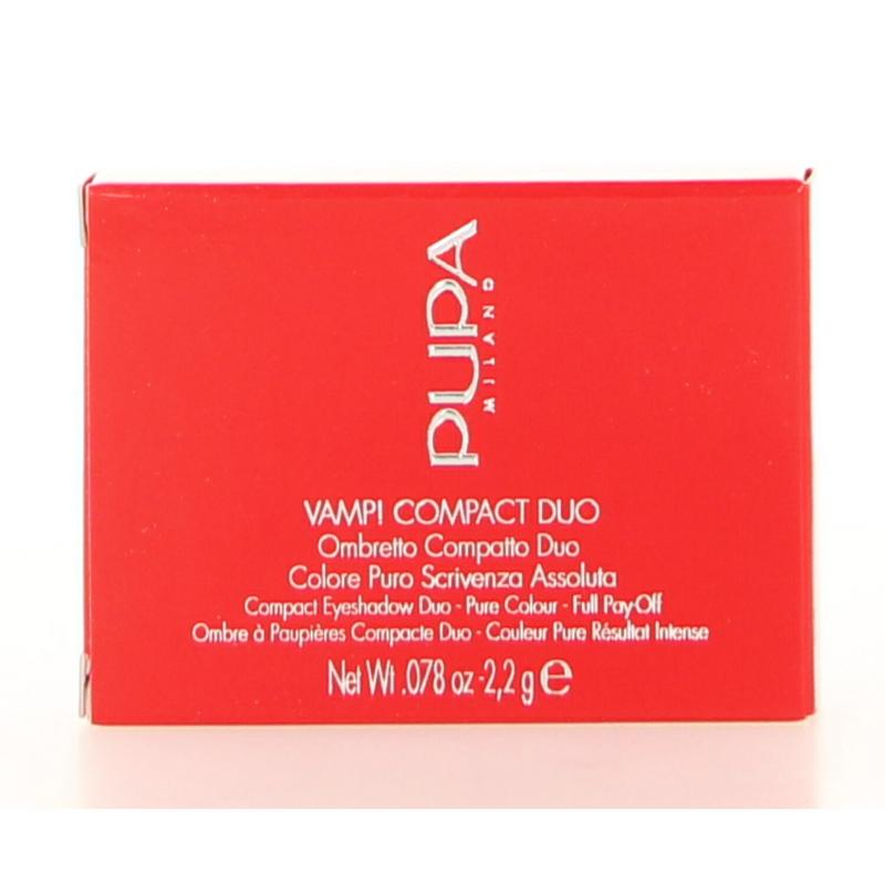 Pupa Vamp! Compact duo eyeshadow in shade 005 with two 2-gram pans, featuring natural shades for versatile eye makeup.