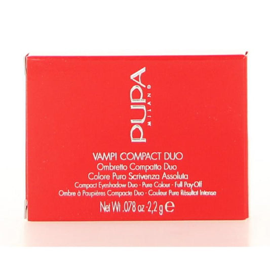 Pupa Vamp! Compact duo eyeshadow in shade 005 with two 2-gram pans, featuring natural shades for versatile eye makeup.