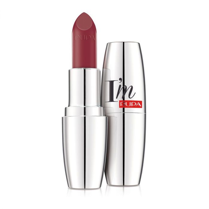 Pupa I'm Pupa lipstick in shade 107, showing the vibrant pink lipstick tube and cap with brand logo visible.