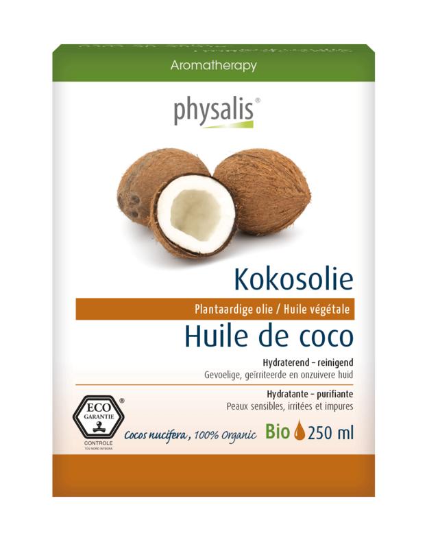Physalis bio kokosolie in 250ml bottle, natural body care product, smooth coconut oil for skincare and massage.