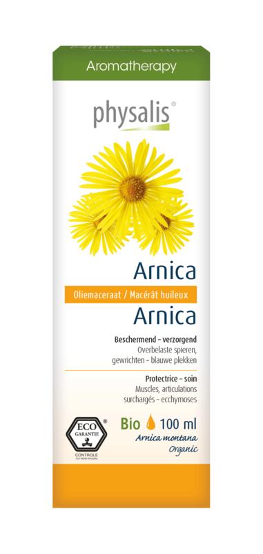Physalis Arnica body care product in a 100ml bottle, featuring a natural scent and soothing arnica ingredients for skin relaxation.