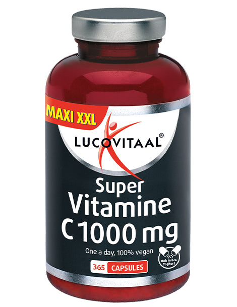 Lucovitaal Vitamine C 1000mg vegan capsules, close-up of a bottle of dietary supplement capsules for immune support