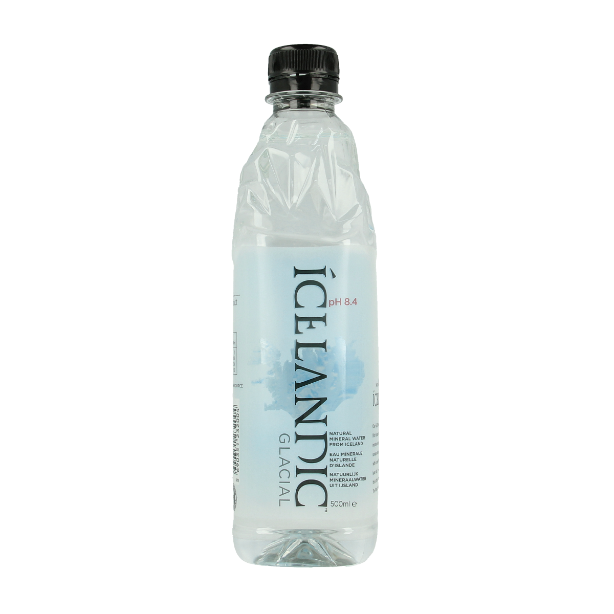 Icelandic Water glacial bottled water, 500ml, clear plastic bottle with blue label, showcasing pure Icelandic glacier spring water.