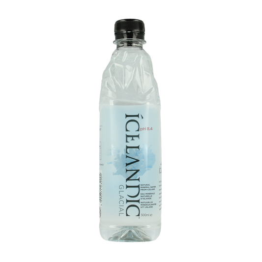 Icelandic Water glacial bottled water, 500ml, clear plastic bottle with blue label, showcasing pure Icelandic glacier spring water.