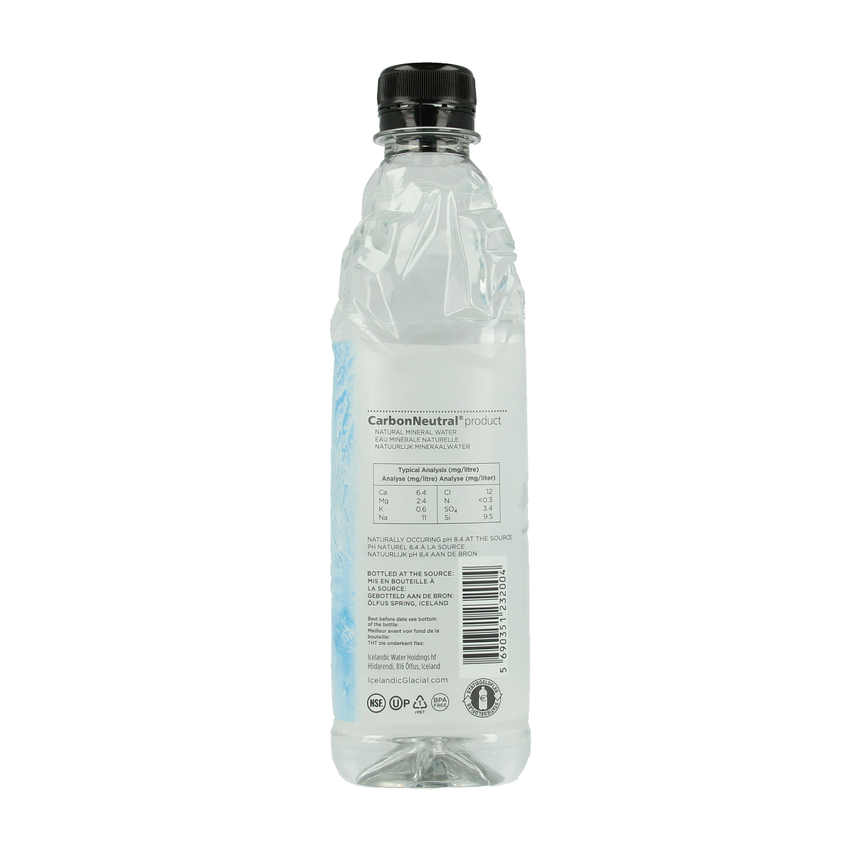 Icelandic Water glacial bottled water, 500ml, clear plastic bottle with blue label and cap, showcasing natural mineral water.