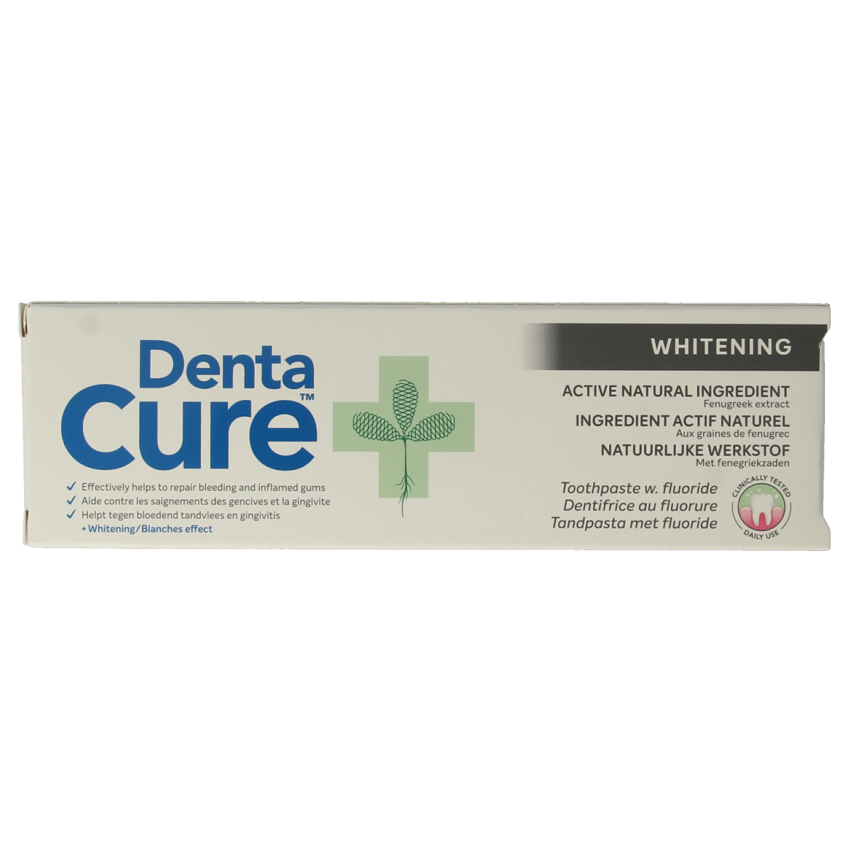 Dentacure whitening toothpaste in a 75ml tube, featuring a sleek design and fresh mint flavor for brightening teeth.