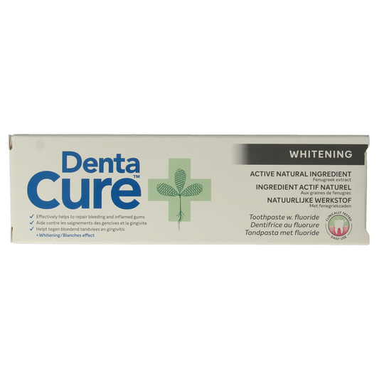 Dentacure whitening toothpaste in a 75ml tube, featuring a sleek design and fresh mint flavor for brightening teeth.