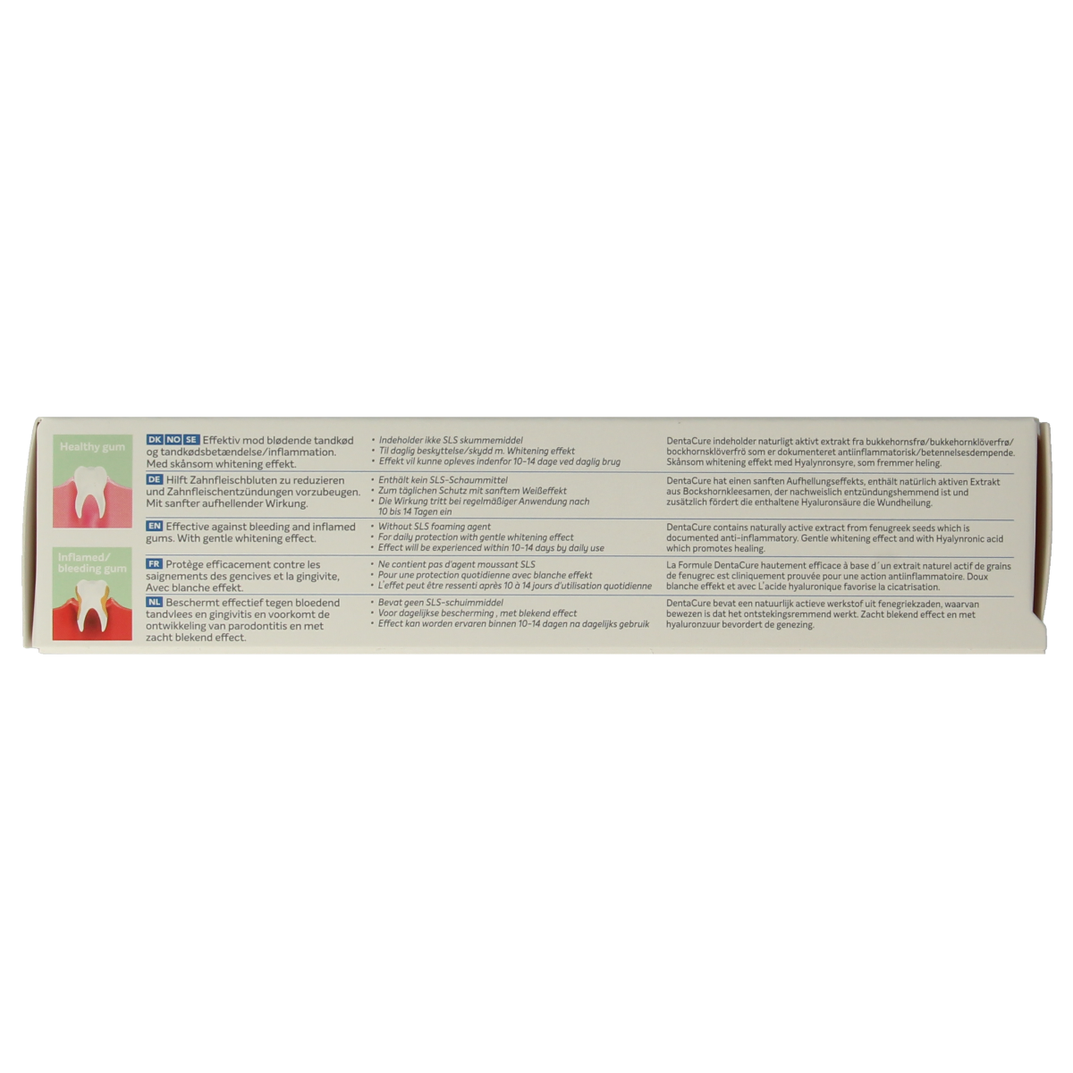 Dentacure whitening toothpaste tube, 75ml, with a white and blue packaging design for fresh, bright smiles.