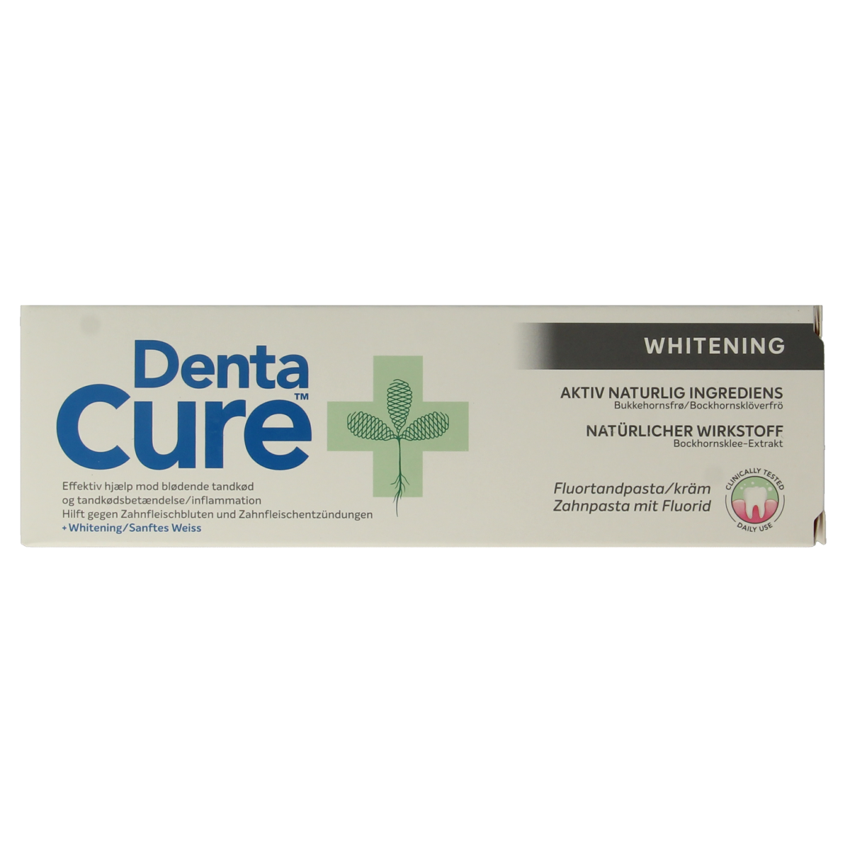 Dentacure whitening toothpaste in a 75ml tube, featuring a sleek design and fresh mint flavor for bright, healthy teeth.