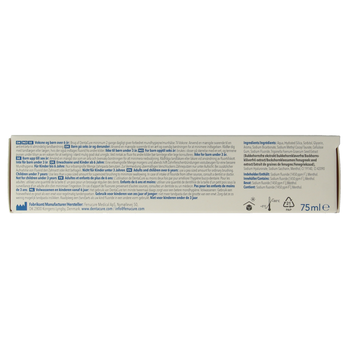 Dentacure whitening toothpaste 75ml tube with fresh mint flavor and dental care ingredients.
