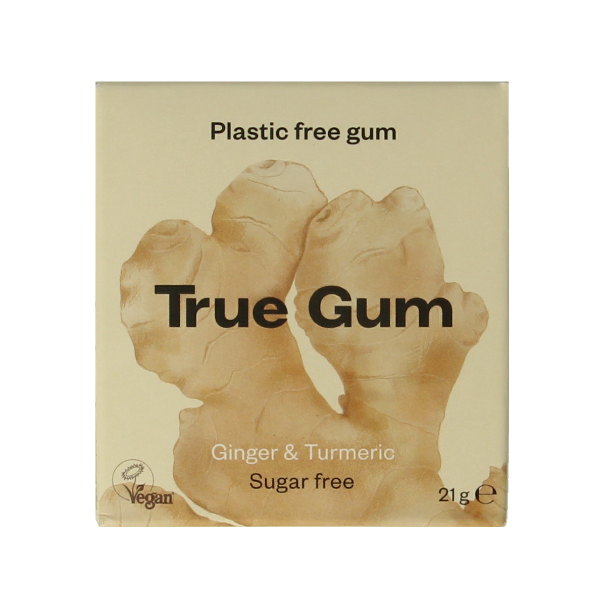 True Gum Ginger & Turmeric chewy candy in 21g pack, natural snoepgoed with ginger and turmeric flavor.