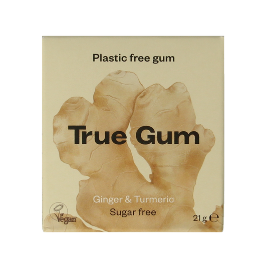True Gum Ginger & Turmeric chewy candy in 21g pack, natural snoepgoed with ginger and turmeric flavor.