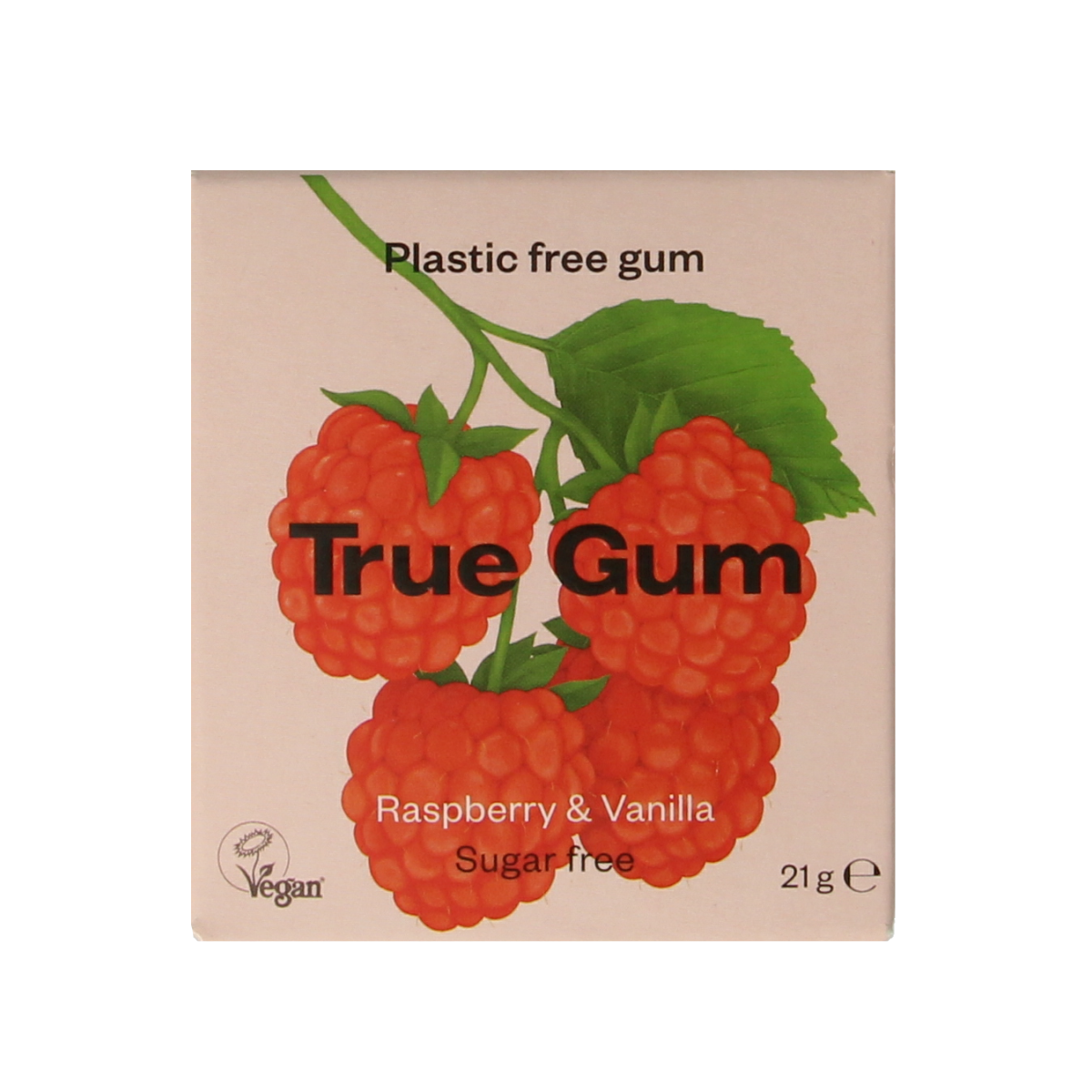 True Gum Raspberry & Vanilla candy, 21g snoepgoed with vibrant raspberry and vanilla flavors, in colorful packaging.