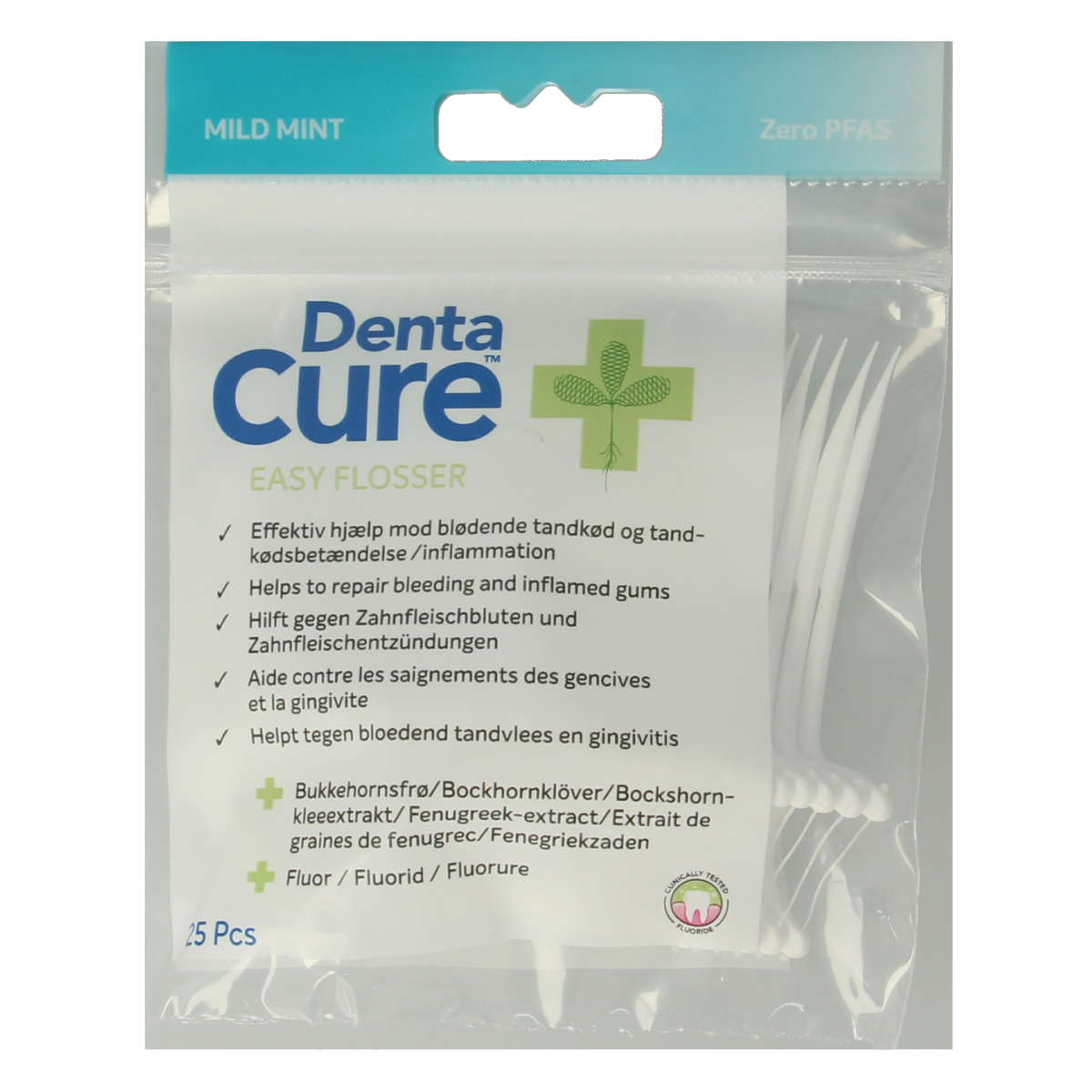 Dentacure Easyflosser pack of 25 interdental sticks and flossers for effective dental cleaning, shown in the image.