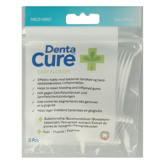 Dentacure Easyflosser pack of 25 interdental sticks and flossers for effective dental cleaning, shown in the image.