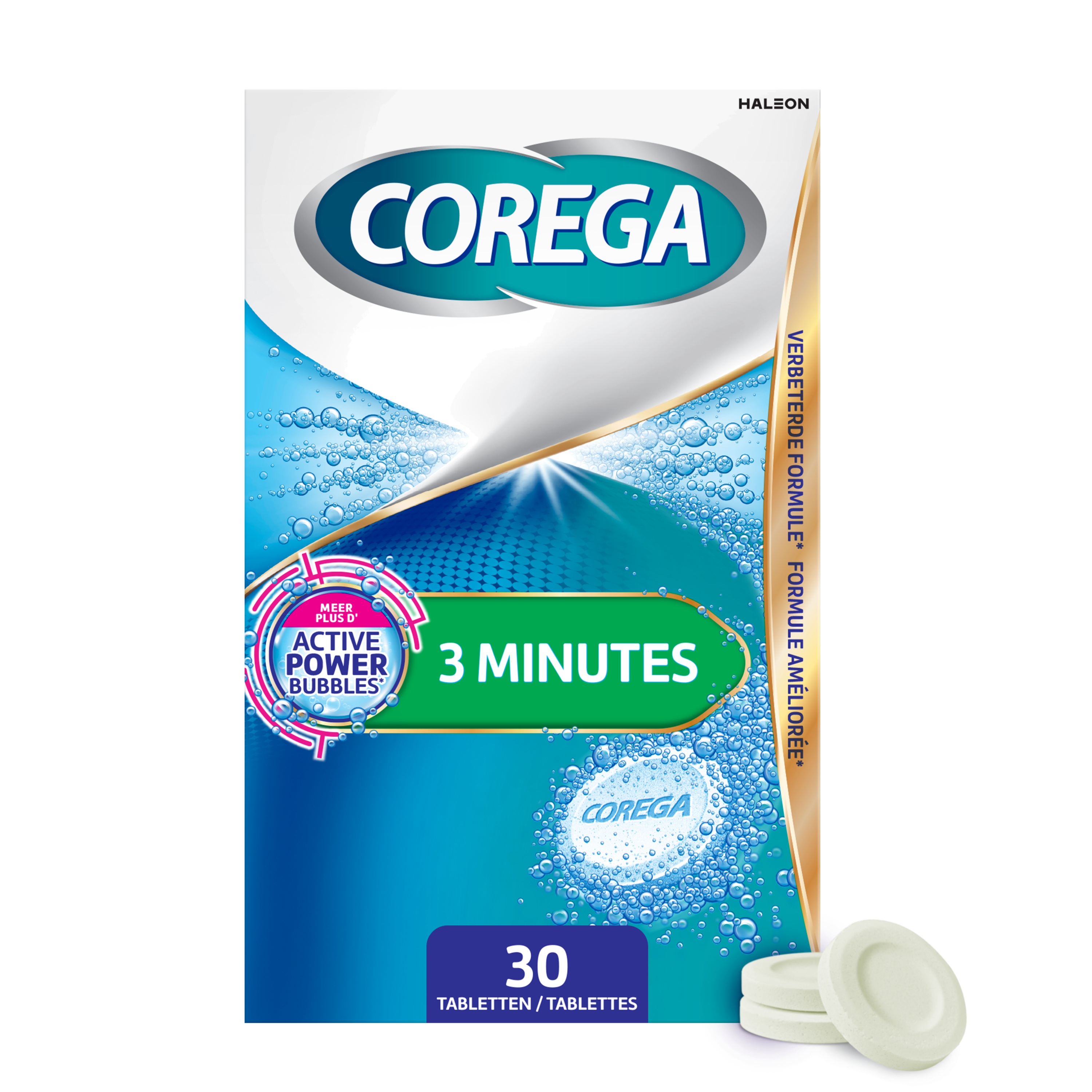 Corega Protheses Cleaning Tablets in a box, designed for quick 3-minute dental prosthesis cleaning.