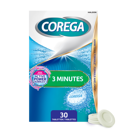 Corega Protheses Cleaning Tablets in a box, designed for quick 3-minute dental prosthesis cleaning.
