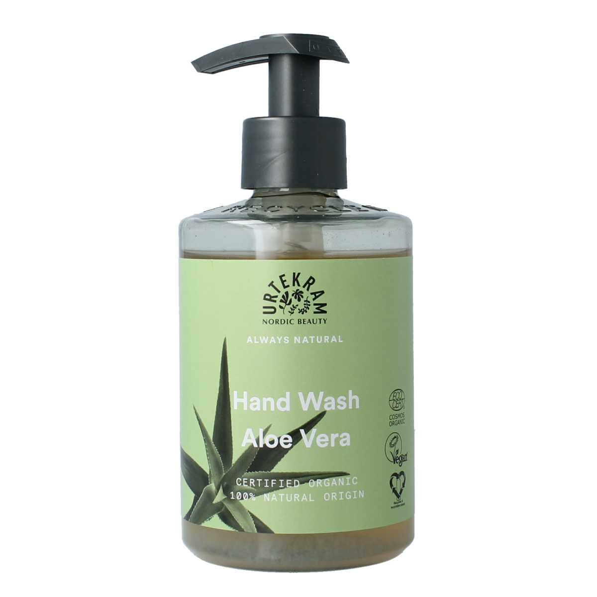 Urtekram liquid aloe vera hand soap bottle, 380ml, for hand cleansing and moisturizing with natural aloe vera.